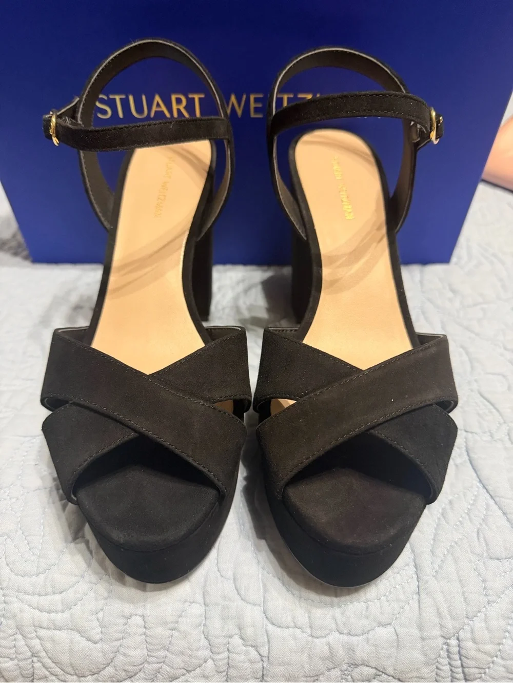 Stuart Weitzman Black Suede Platform Sandals with Gold Buckle